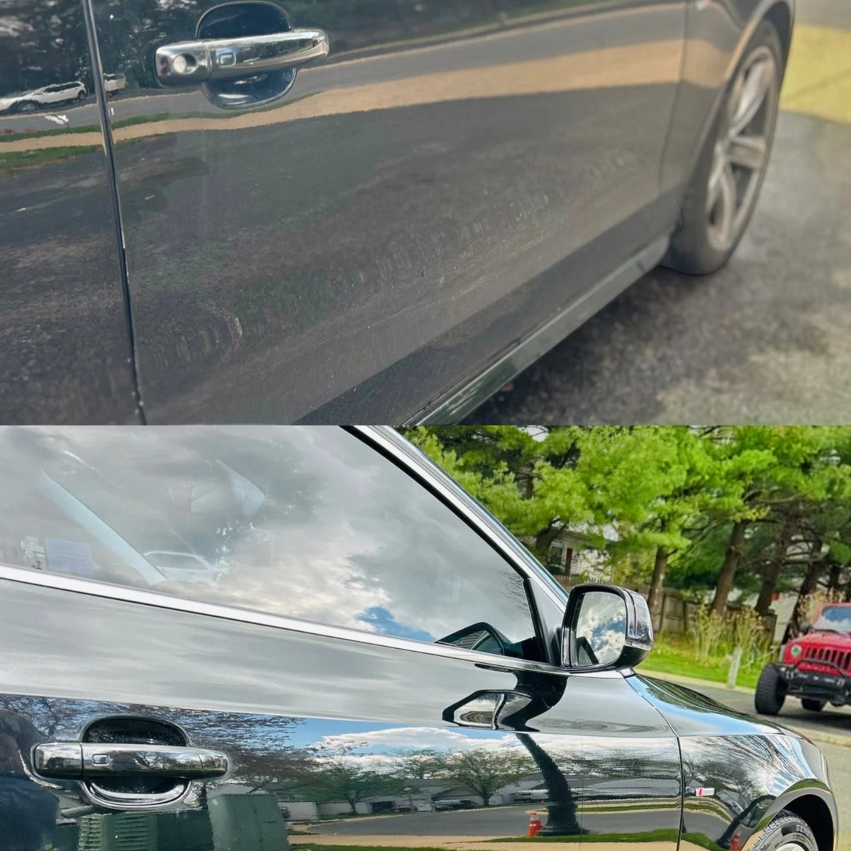T-Top Vibes Gemstone Signature Kit results showing a clean black car door with high gloss and reflective finish
