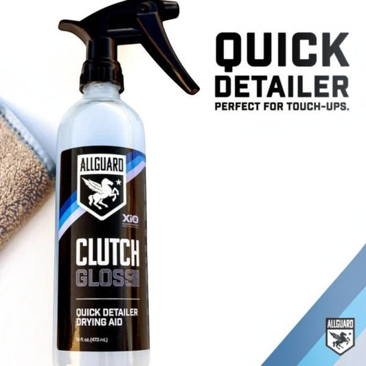 T-Top Vibes AllGuard Clutch Gloss 16 oz 3-in-1 quick detailer spray bottle with a microfiber towel for car care.