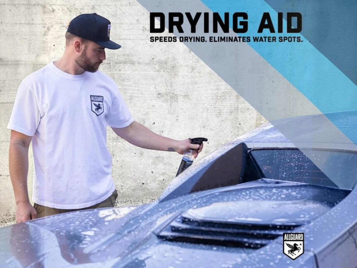 T-Top Vibes AllGuard Clutch Gloss drying aid being sprayed on a car exterior by a man in a white t-shirt