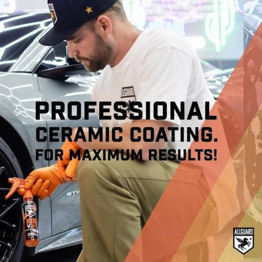 T-Top Vibes professional detailer applying AllGuard NITRO V7 ceramic spray coating to a car wheel in a garage