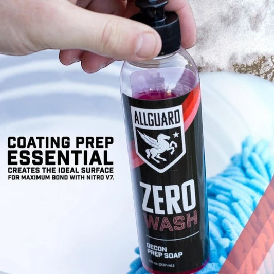 T-Top Vibes AllGuard ZERO Wash decontamination soap bottle held over a blue microfiber wash mitt