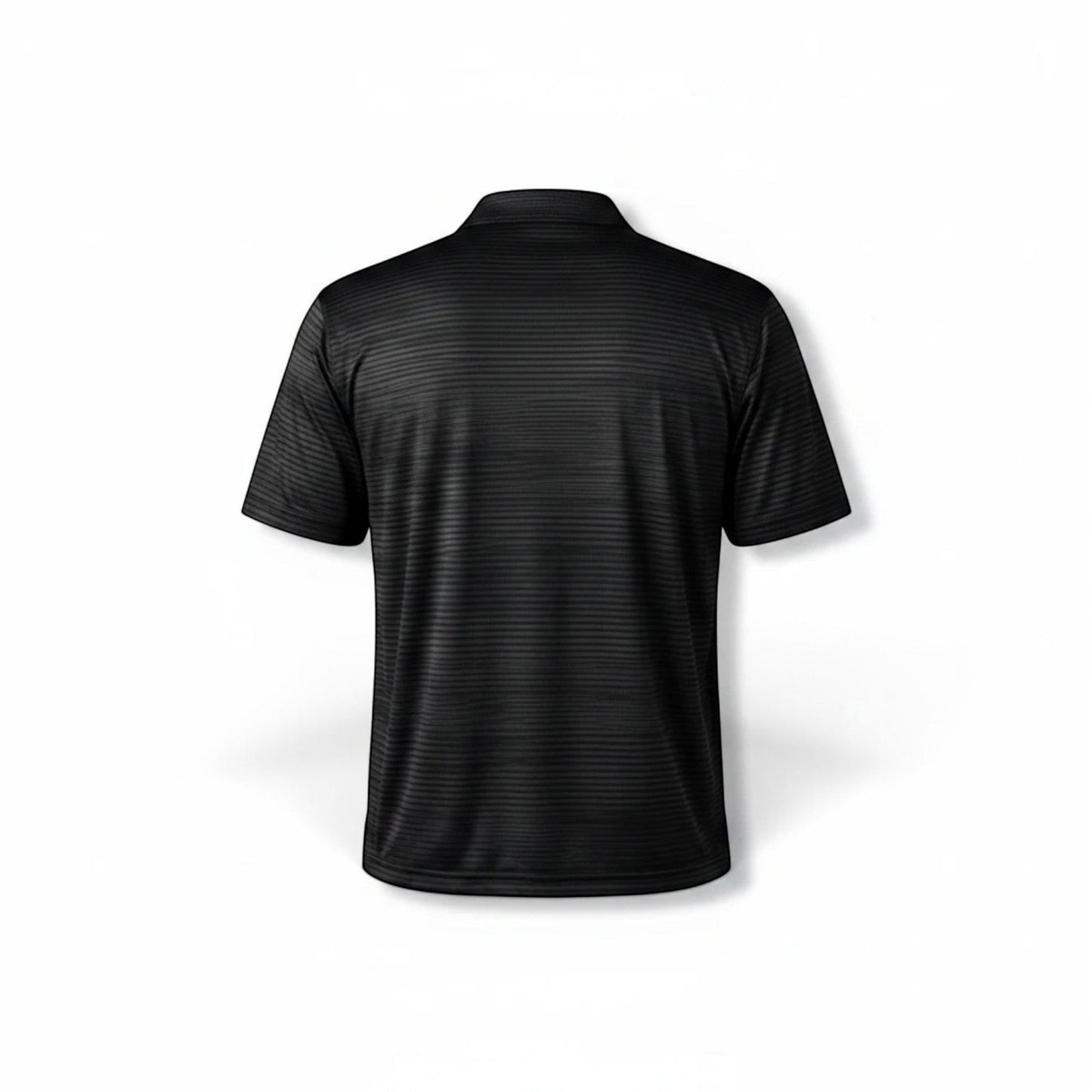Back view of a black T-Top Vibes Corvette performance polo shirt with a subtle horizontal striped texture.