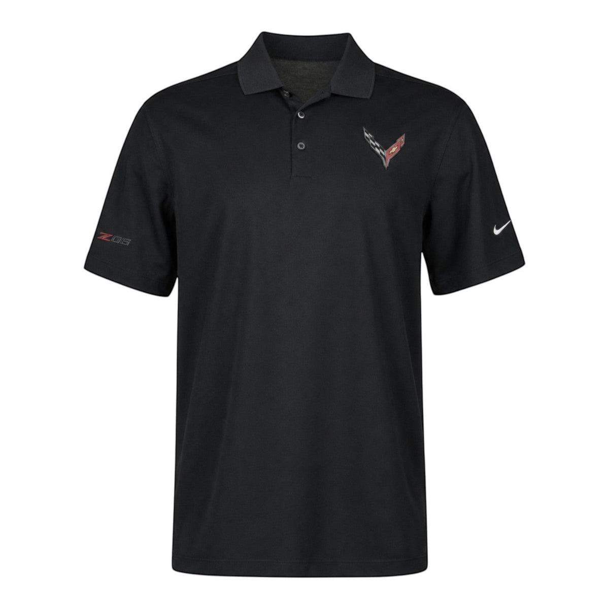T-Top Vibes black Nike Dri-FIT Corvette Z06 polo shirt with embroidered chest emblem and sleeve details.