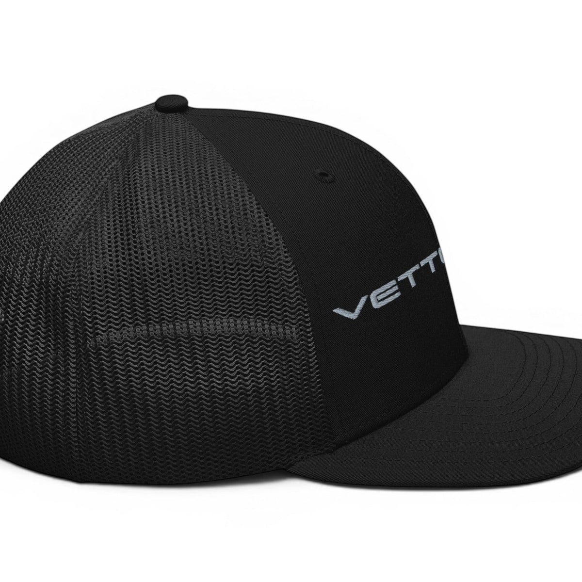 T-Top Vibes black Corvette Vette Life trucker hat with structured front panel, mesh back, and embroidered logo.