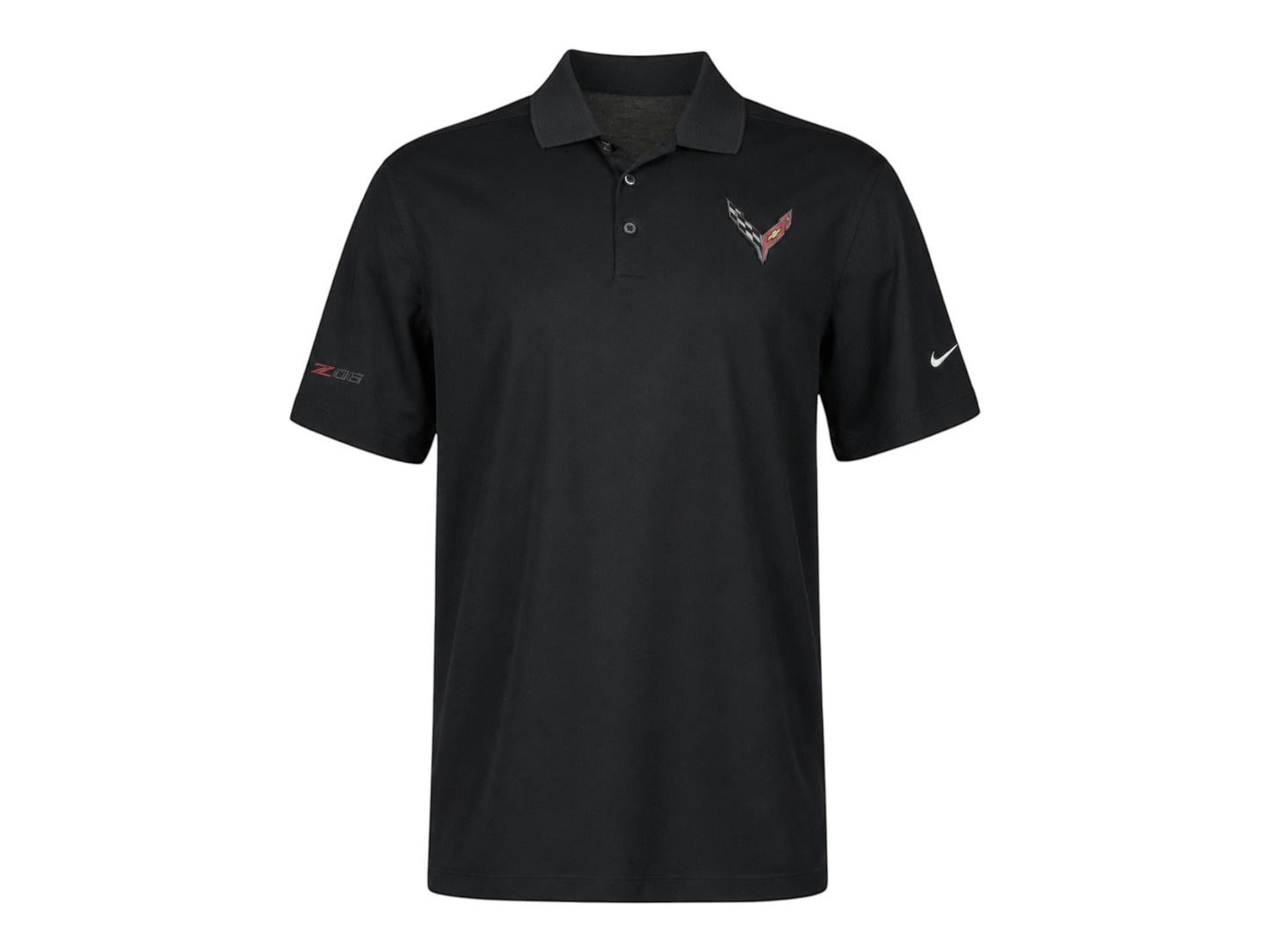 T-Top Vibes black Nike Dri-FIT Corvette Z06 polo shirt with embroidered chest emblem and sleeve detailing.