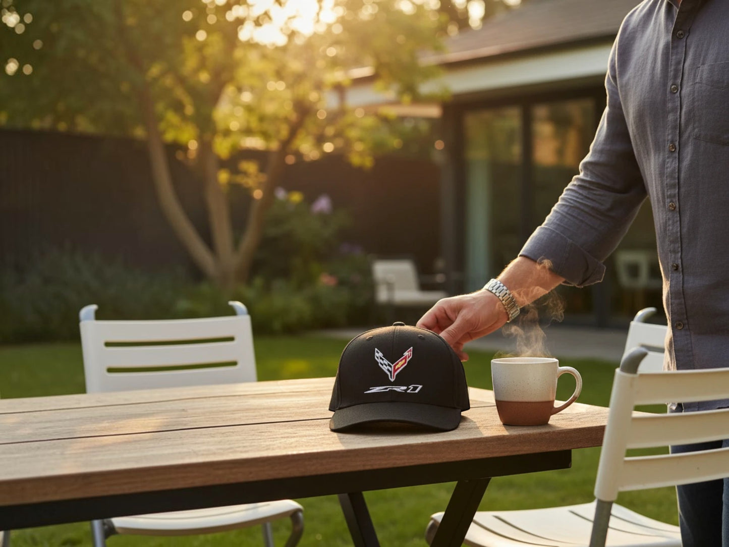 T-Top Vibes black C8 Corvette ZR1 structured cap with embroidered flag logo on a wooden table at sunset