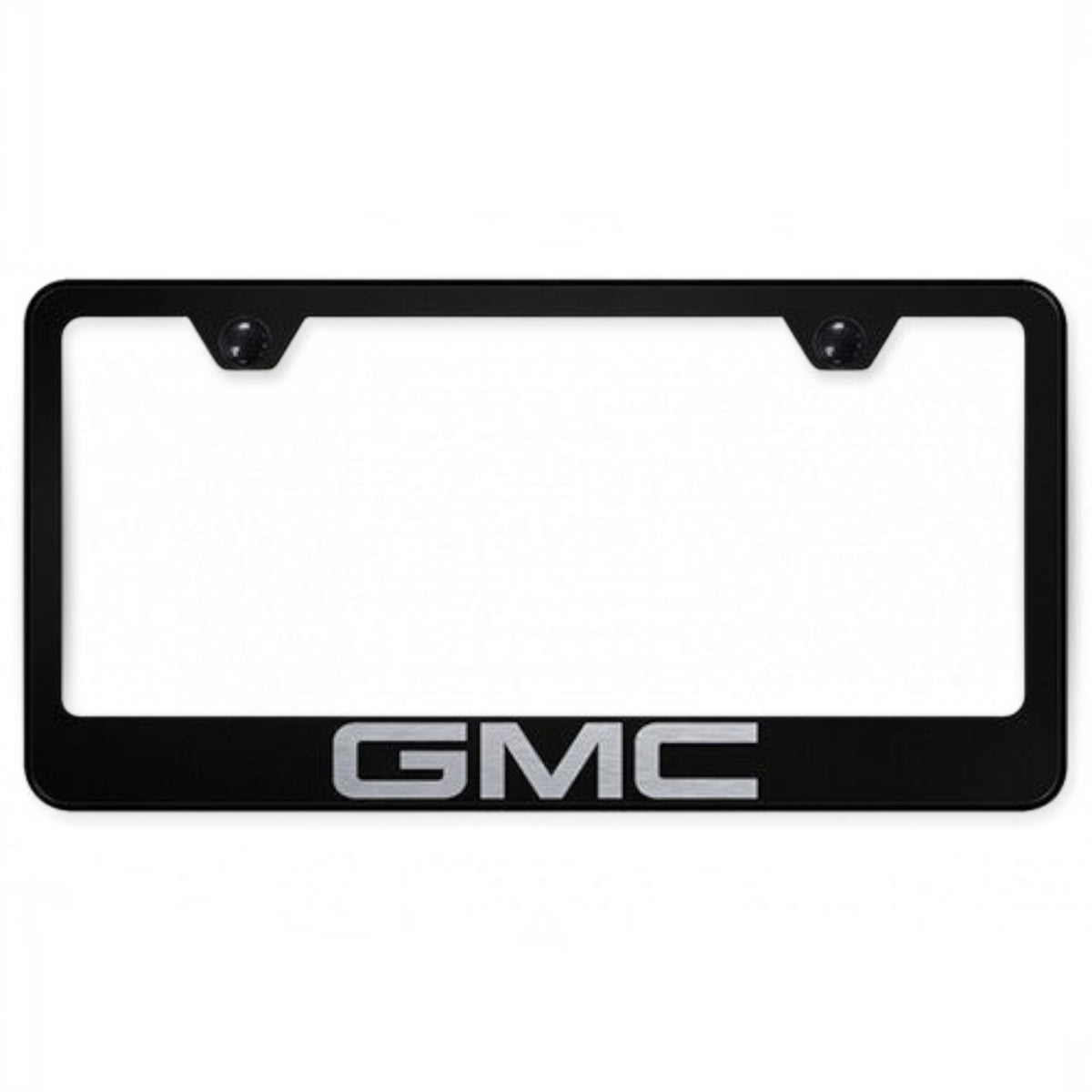 T-Top Vibes black stainless steel GMC license plate frame with laser-etched logo for U.S. vehicles