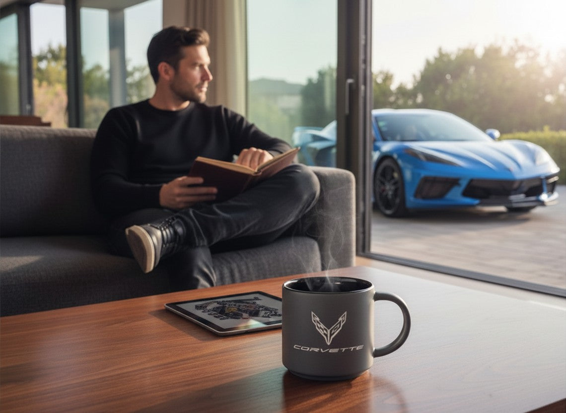 T-Top Vibes C8 Corvette ceramic coffee mug with gray exterior and black interior, featuring the crossed-flags logo.