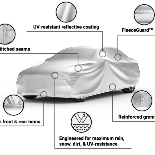 T-Top Vibes C8 Corvette Platinum Shield outdoor car cover with reflective UV coating, fleece lining, and secure fit.