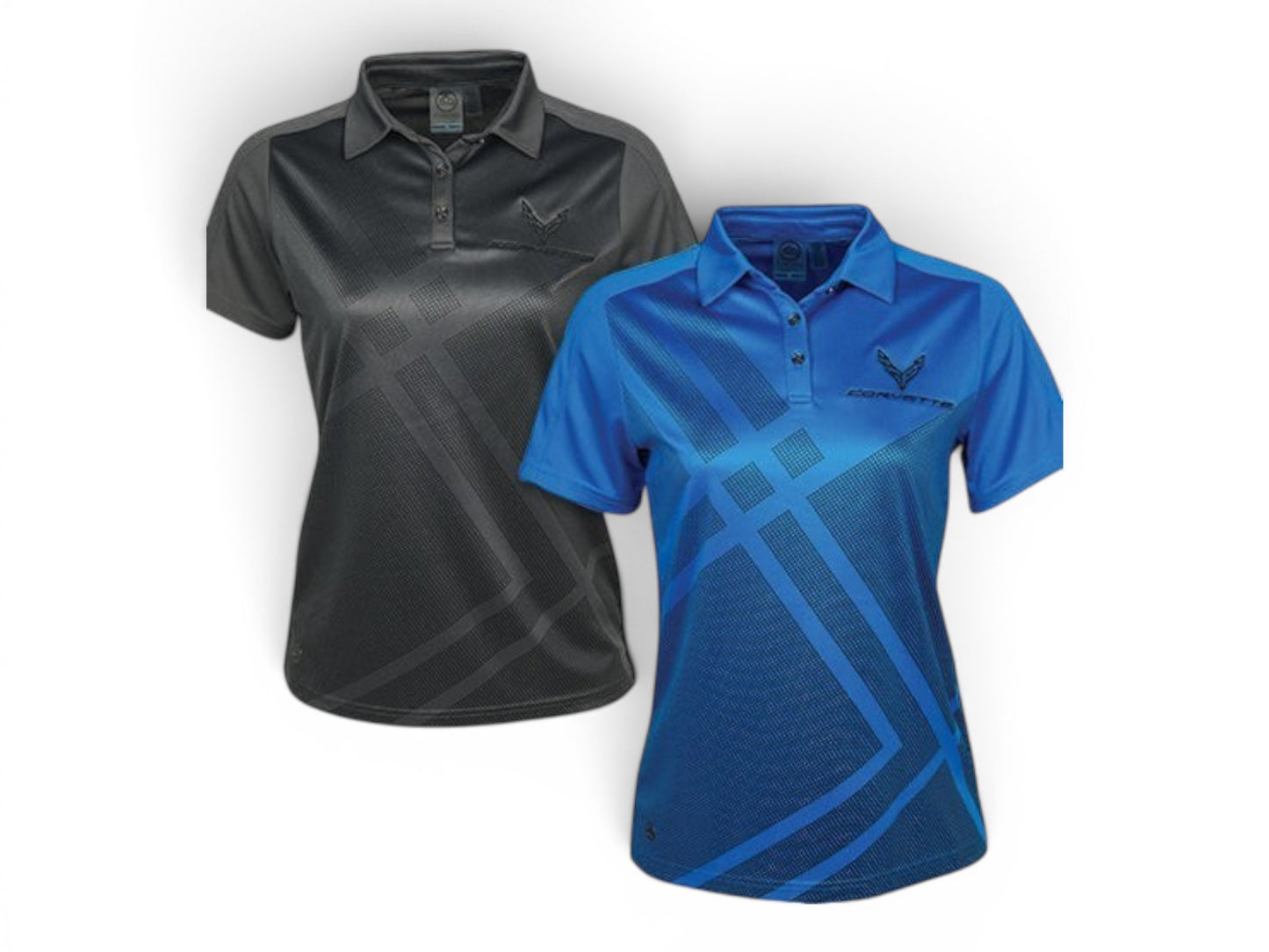 T-Top Vibes women's C8 Corvette performance polo shirts in blue and black with moisture-wicking fabric and logo detail.