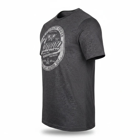 T-Top Vibes charcoal grey crewneck t-shirt featuring a vintage Camaro Legendary Power graphic on the chest