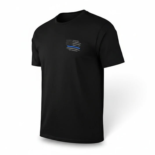 T-Top Vibes black cotton crewneck t-shirt featuring a Camaro Thin Blue Line flag logo on the left chest