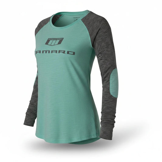 T-Top Vibes ladies Camaro long sleeve raglan t-shirt in teal and charcoal grey with elbow patches and chest graphic.
