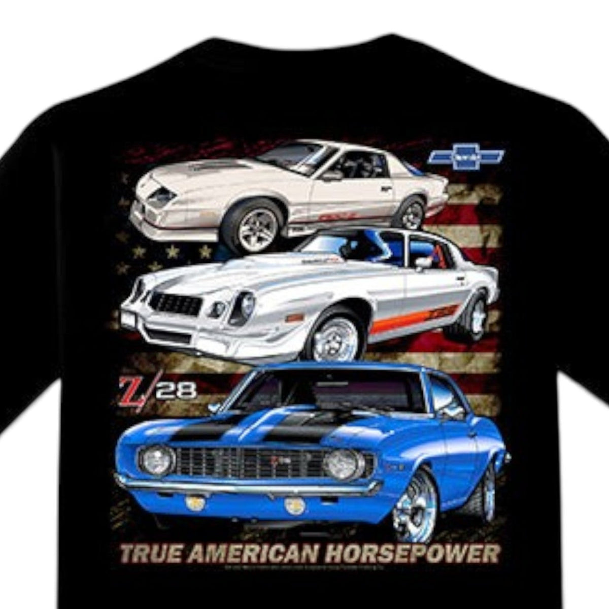 T-Top Vibes black cotton t-shirt featuring a Chevrolet Camaro American flag graphic and True American Horsepower text.