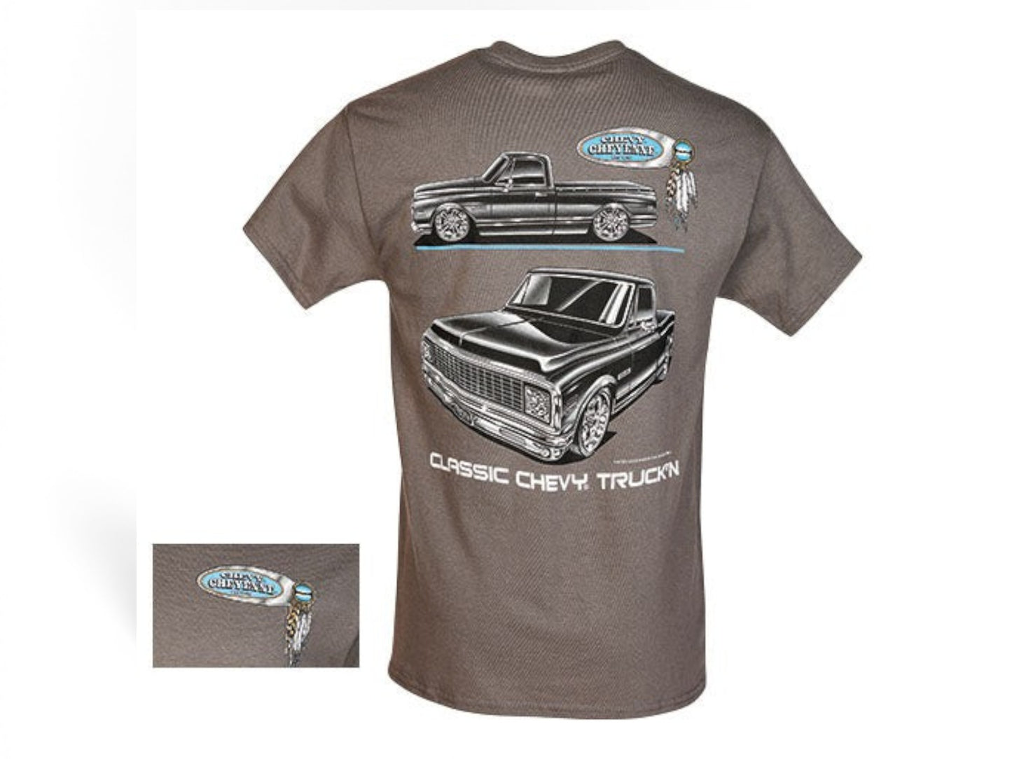 T-Top Vibes charcoal cotton T-shirt featuring back screen-printed Chevrolet Cheyenne truck graphics and logo detail.