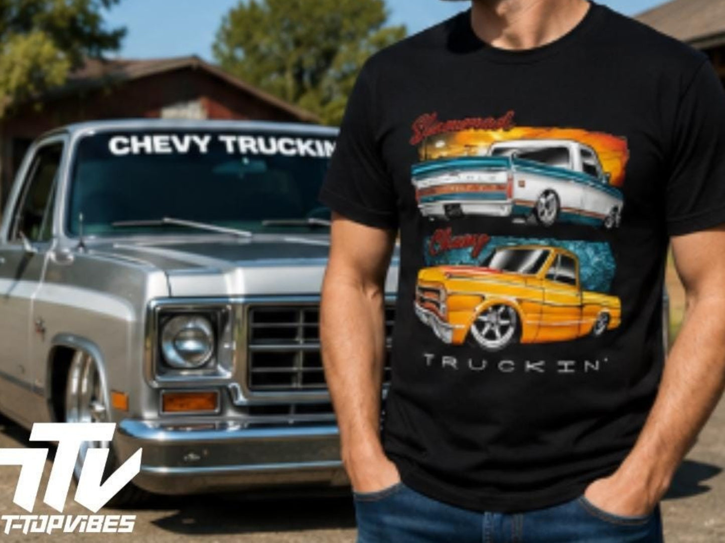 T-Top Vibes black ringspun cotton t-shirt featuring a graphic of lowered classic Chevy C10 trucks