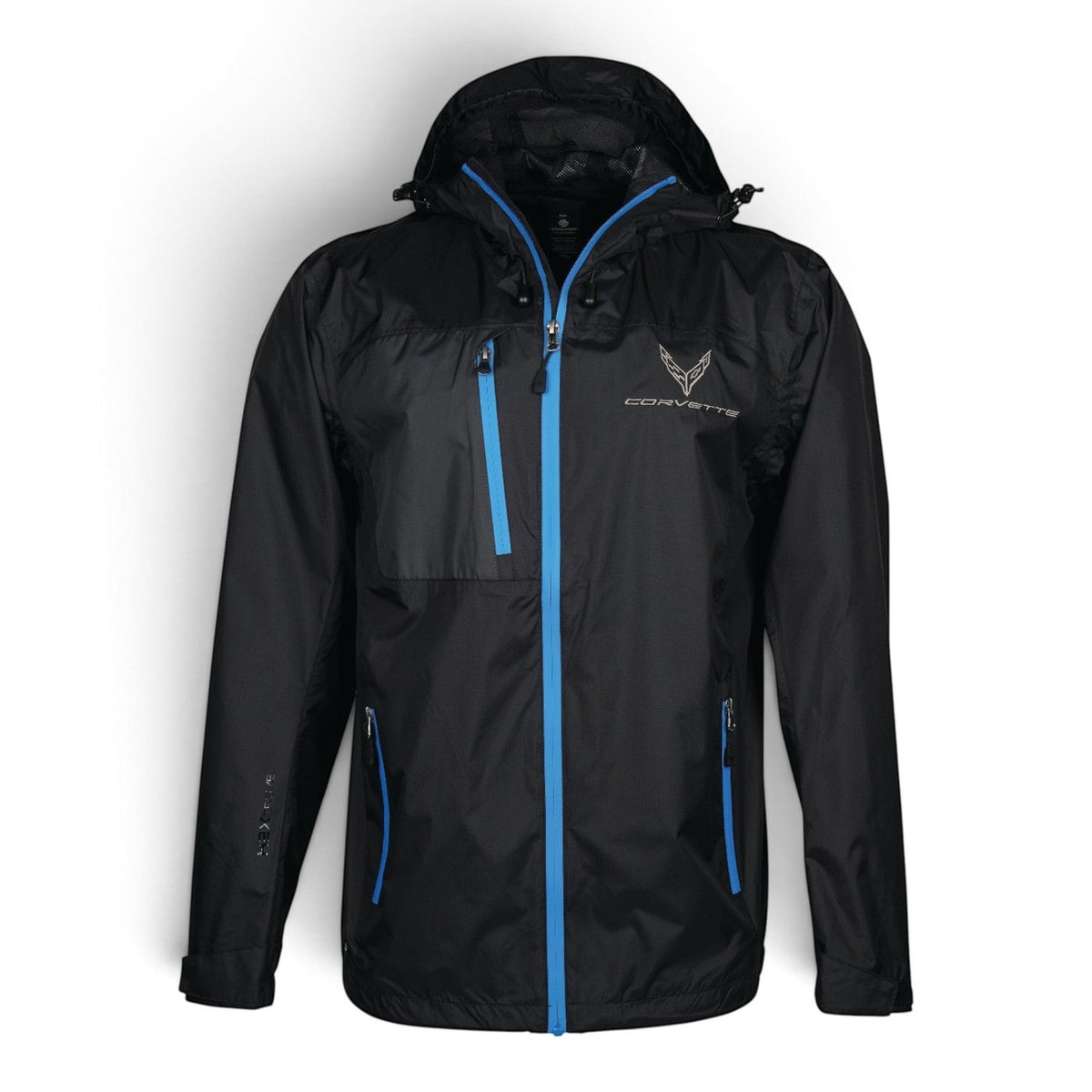 T-Top Vibes Corvette C8 black lightweight ripstop jacket with blue zipper accents and an adjustable hood