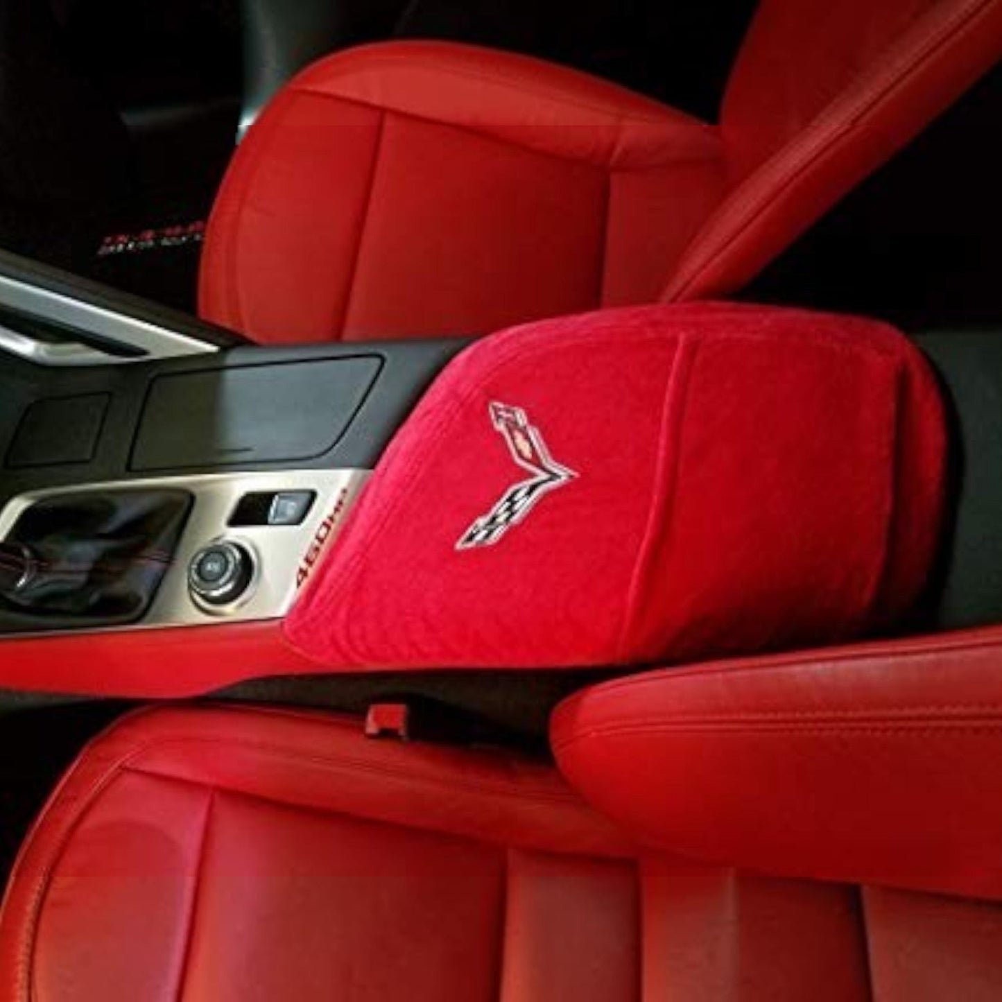 T-Top Vibes red cotton terry velour center console cover with embroidered Corvette C7 logo for 2014-2019 models