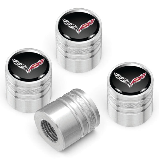 T-Top Vibes silver anodized billet aluminum Corvette C7 valve stem caps with crossed-flags emblem and diamond-cut grip