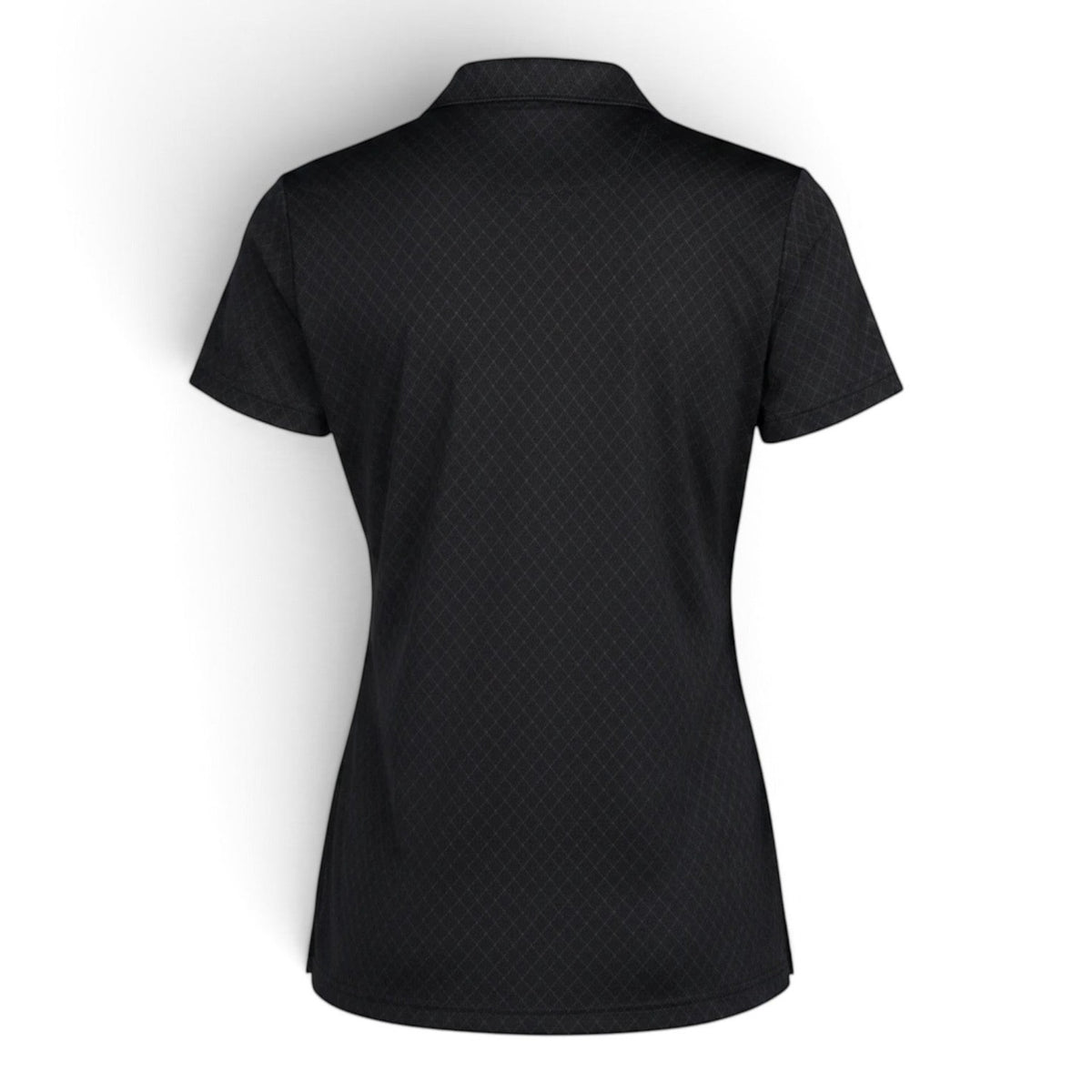 T-Top Vibes ladies Corvette C8 Adidas performance polo in carbon black with a subtle tonal diamond pattern back view
