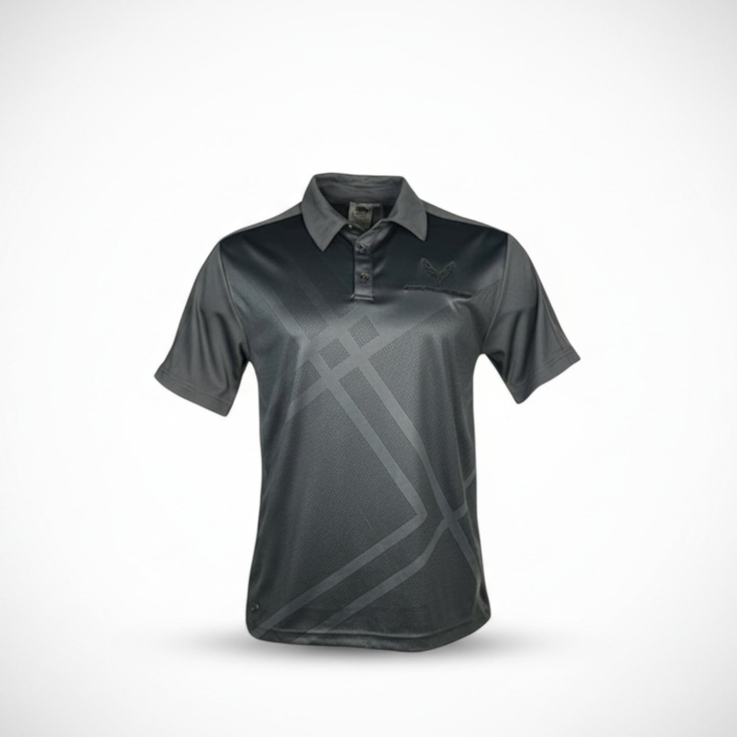 T-Top Vibes men's grey Corvette C8 performance polo with moisture-wicking fabric and geometric pattern detail.