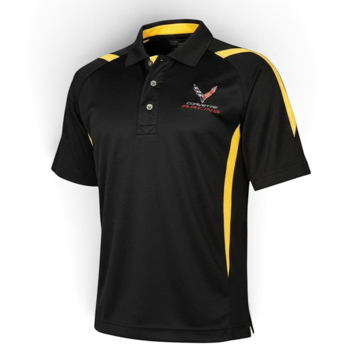 T-Top Vibes black and yellow Corvette C8 Racing performance polo shirt with moisture-wicking micro-polyester fabric
