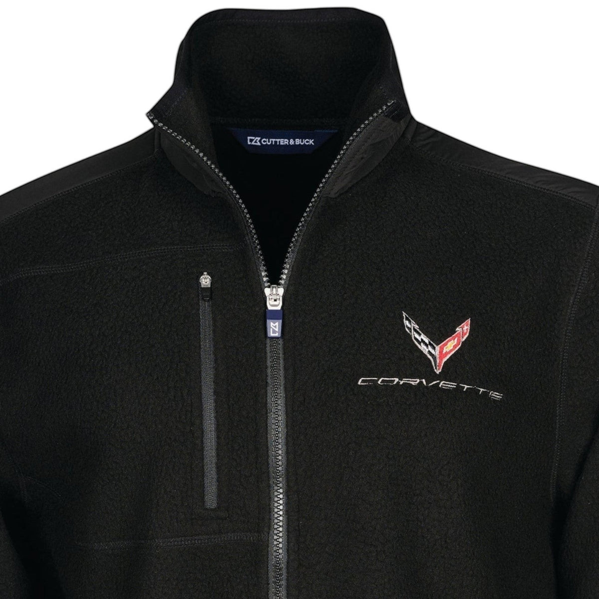 T-Top Vibes black Cutter & Buck C8 Corvette fleece jacket with full-zip front, stand collar, and chest pocket.