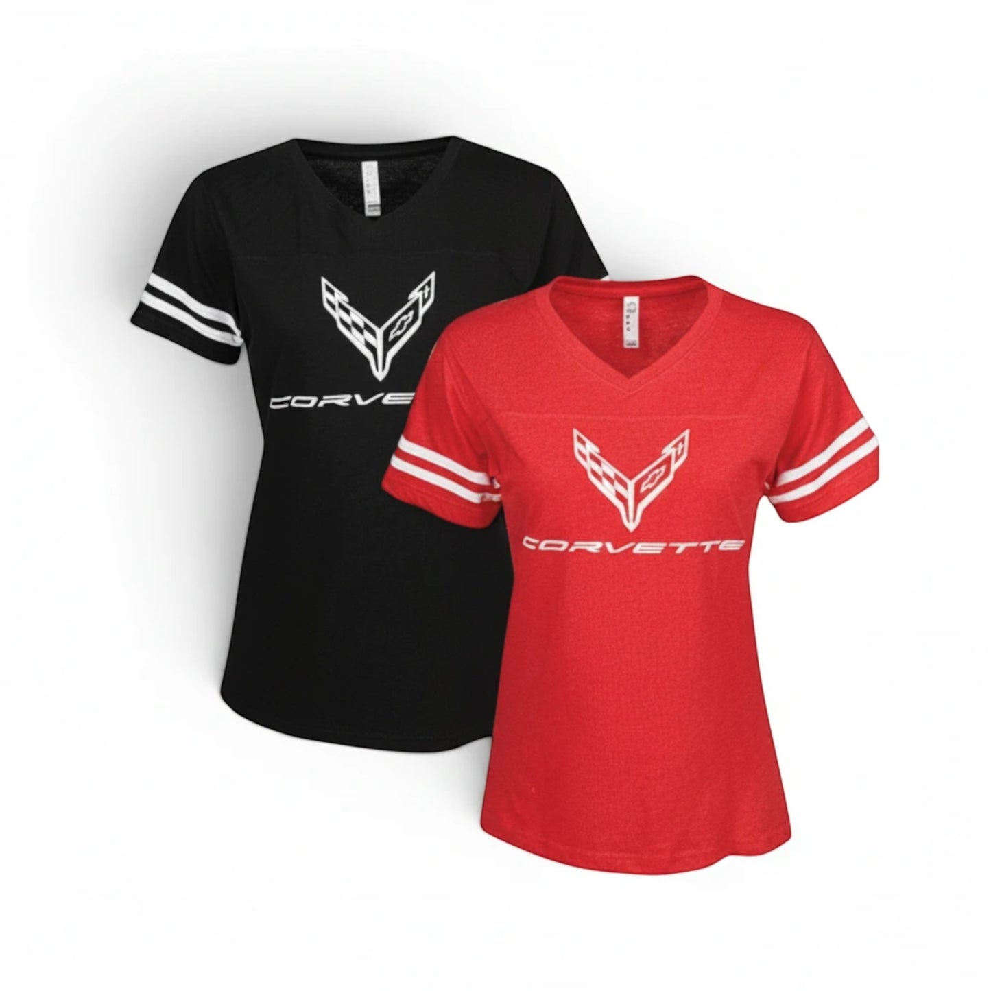 T-Top Vibes women's Corvette V-neck football jersey t-shirts in black and red with white graphic and sleeve stripes.