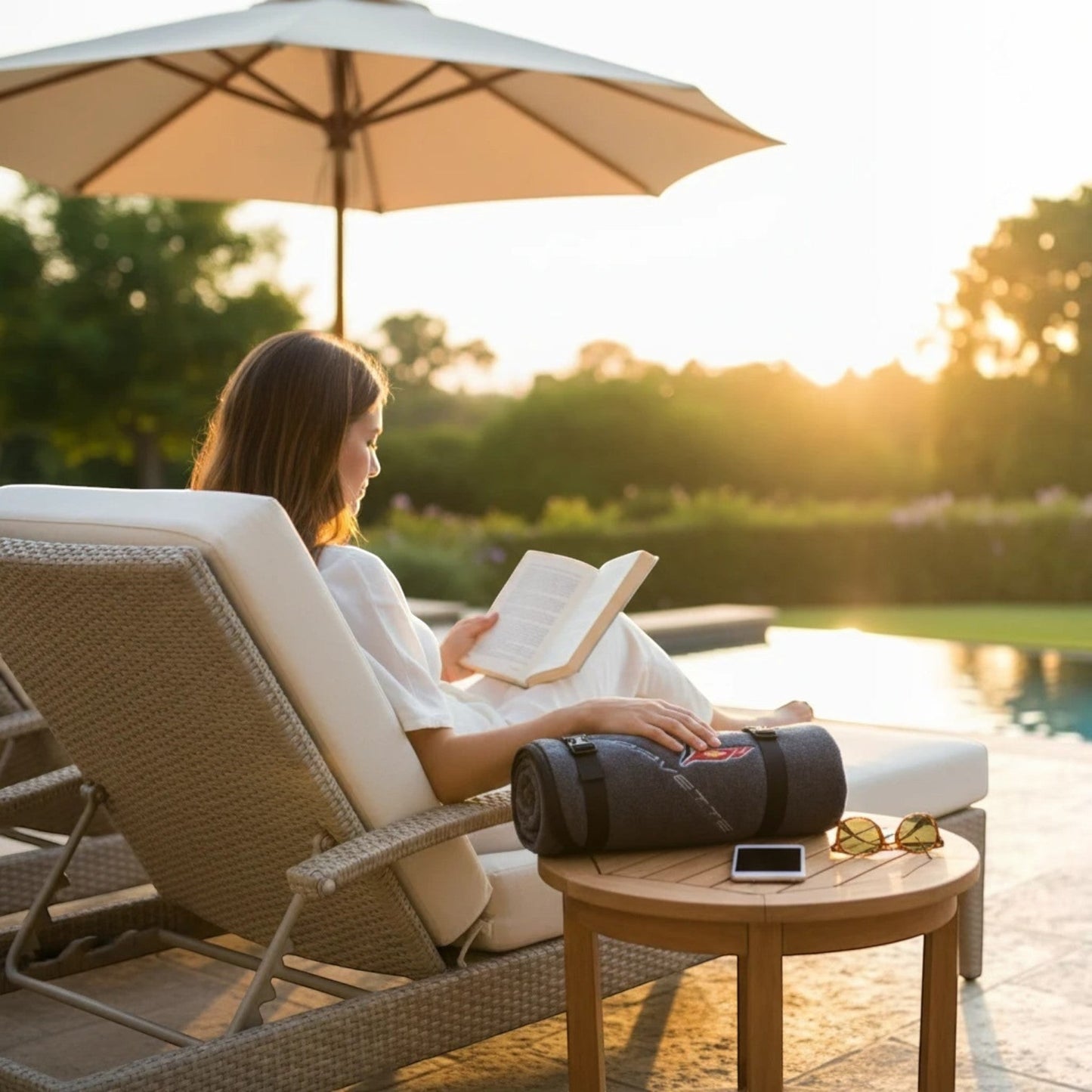 T-Top Vibes Corvette stadium blanket rolled up on a patio table next to a woman reading by a pool at sunset.