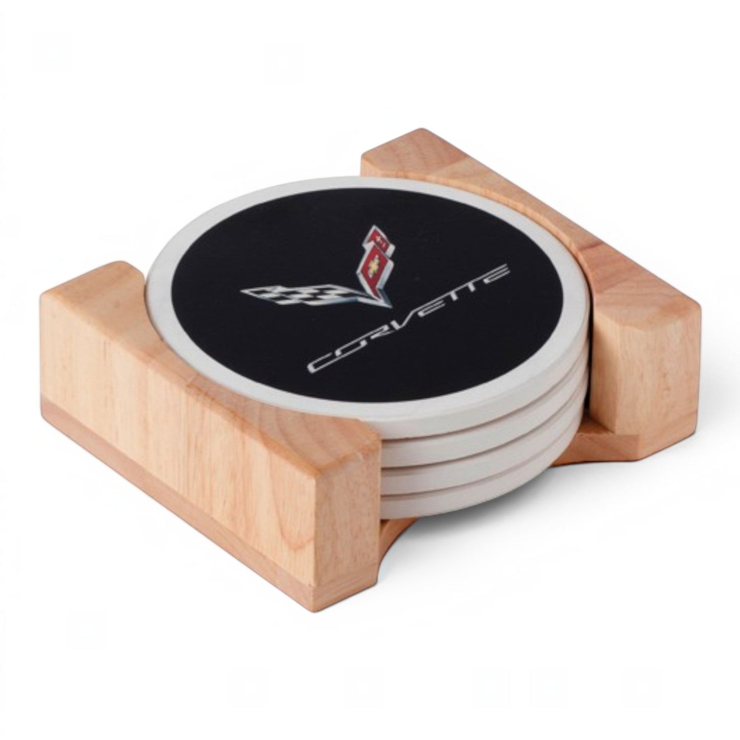 T-Top Vibes Corvette flag emblem round stone coaster set with natural wood holder for home bar or garage decor