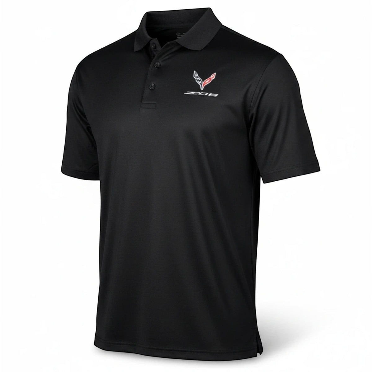 T-Top Vibes black Callaway performance polo with embroidered 2023 Corvette Z06 emblem and three-button placket