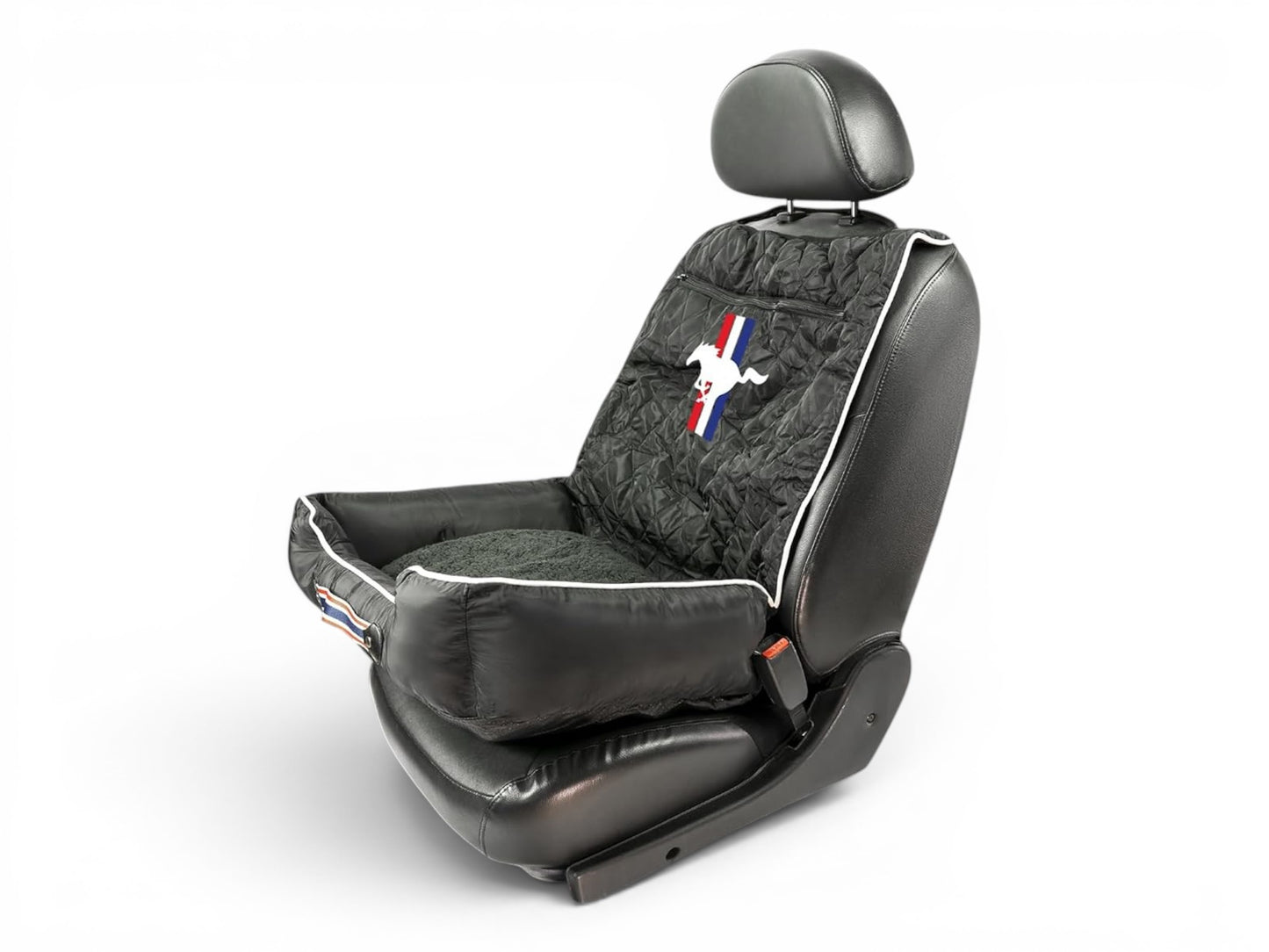 T-Top Vibes Ford Mustang black quilted pet bed and car seat cover with white pony logo on a vehicle seat