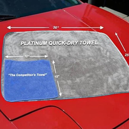 T-Top Vibes AllGuard Platinum gray microfiber drying towel compared to a smaller blue towel on a red car hood.