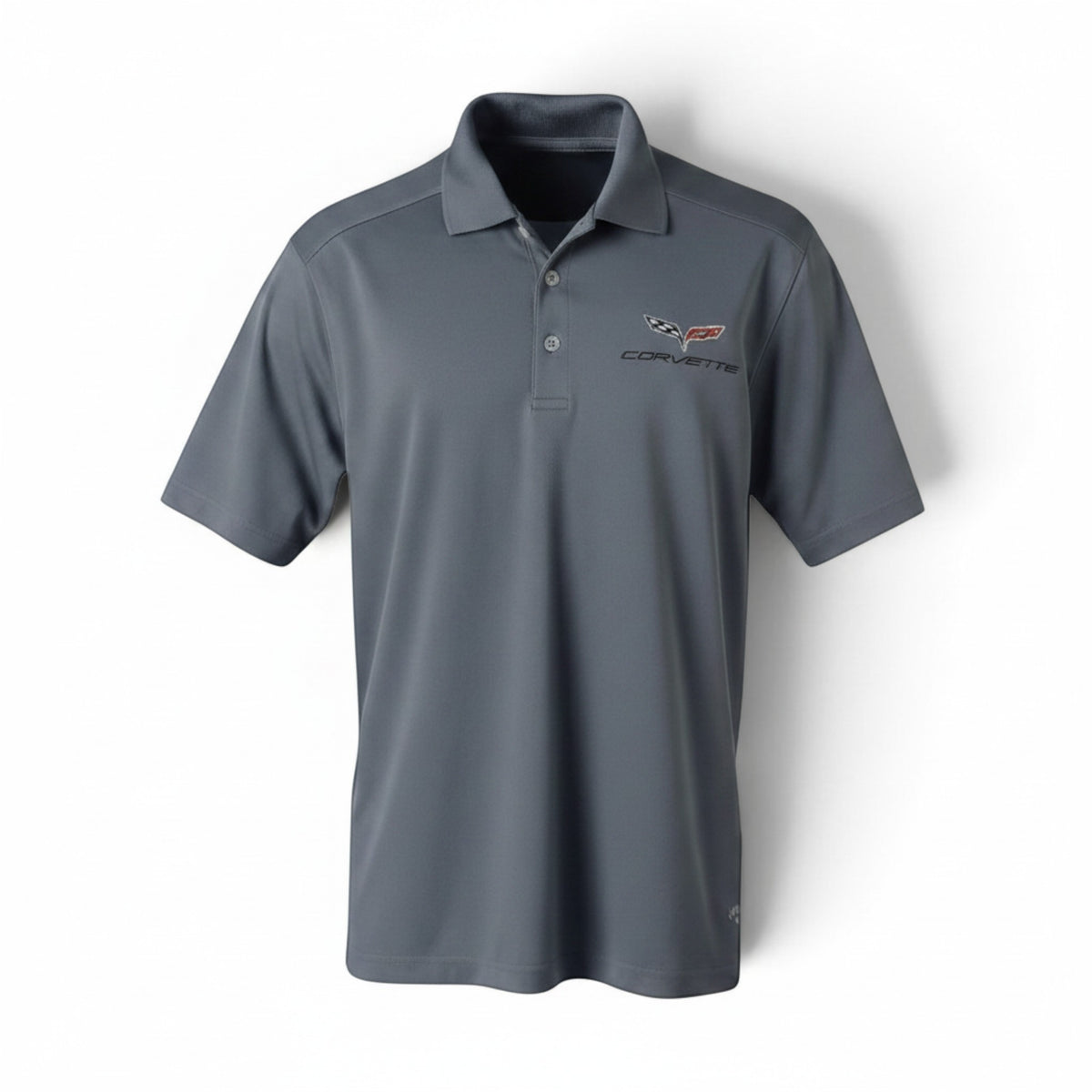 T-Top Vibes grey Callaway Dry Core performance polo shirt with embroidered C6 Corvette emblem and three-button placket