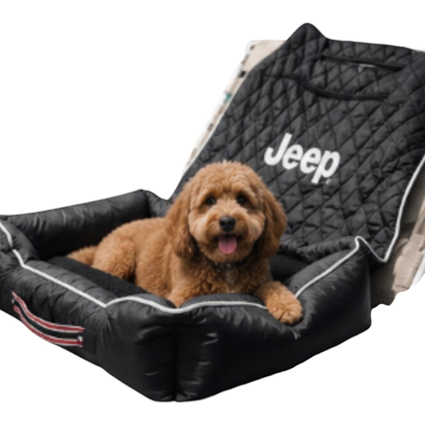 T-Top Vibes Jeep branded black quilted pet travel bed with a dog resting inside on a car seat