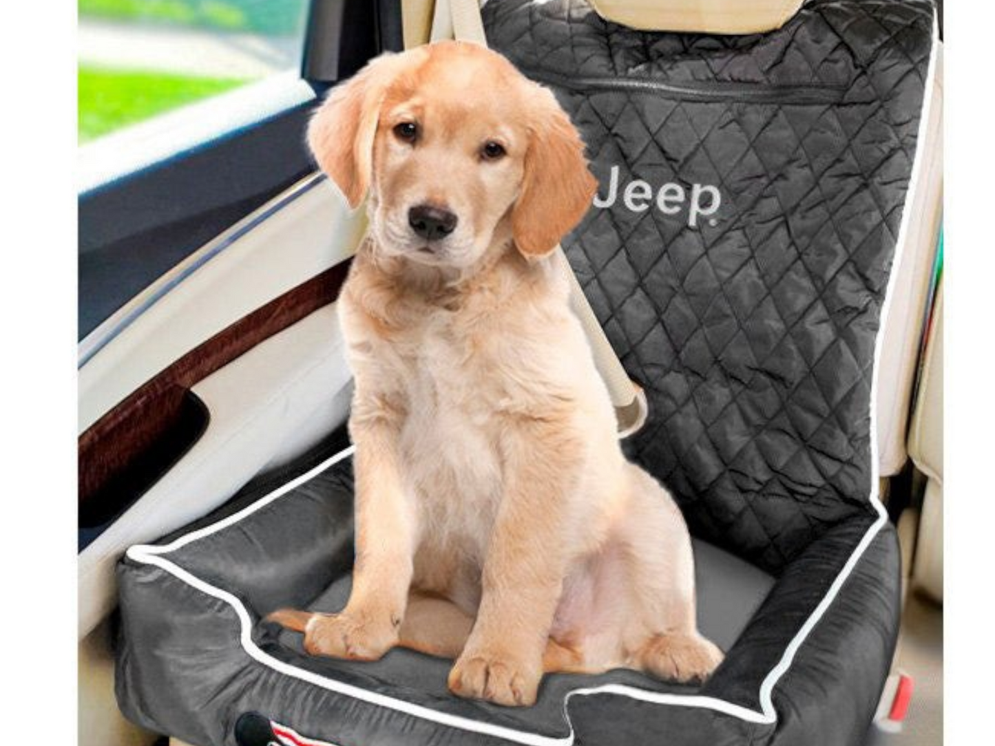 T-Top Vibes Jeep pet bed featuring a cute golden retriever puppy sitting on the soft cotton car seat cover