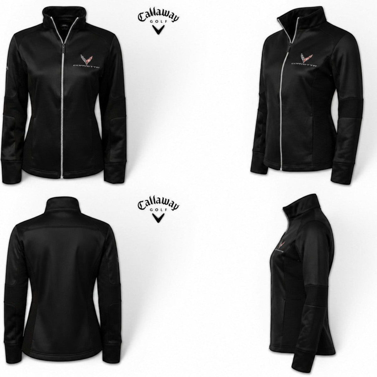 T-Top Vibes ladies black Callaway full-zip fleece jacket featuring 2023 Corvette Z06 branding and UPF 50+ protection.