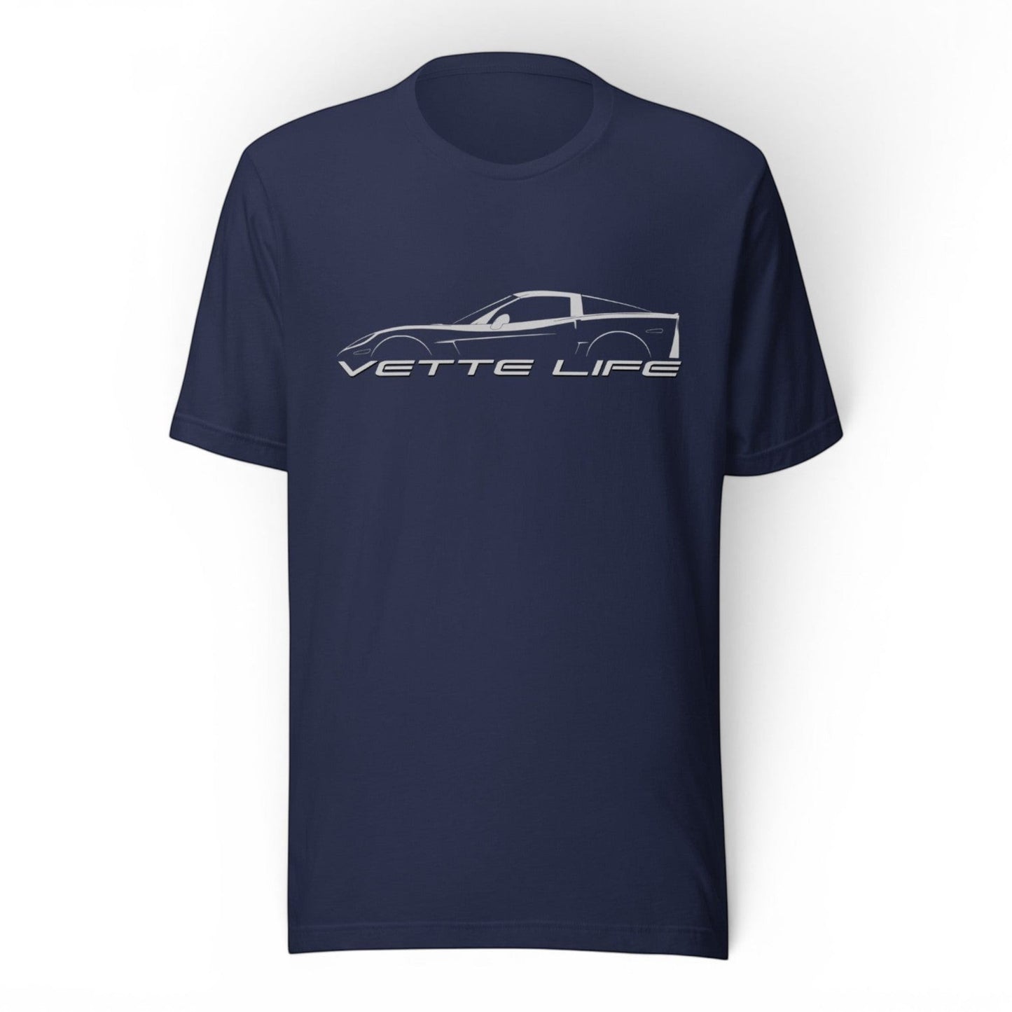 T-Top Vibes navy blue cotton t-shirt featuring a white line art graphic of a Corvette C6 and Vette Life text.