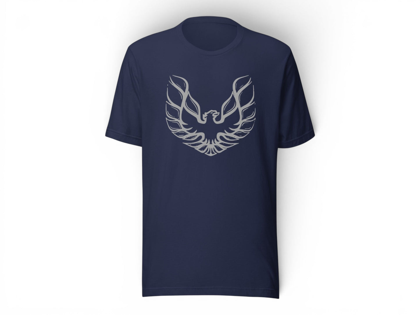T-Top Vibes navy blue cotton t-shirt featuring a silver-gray Pontiac Firebird graphic on the chest.