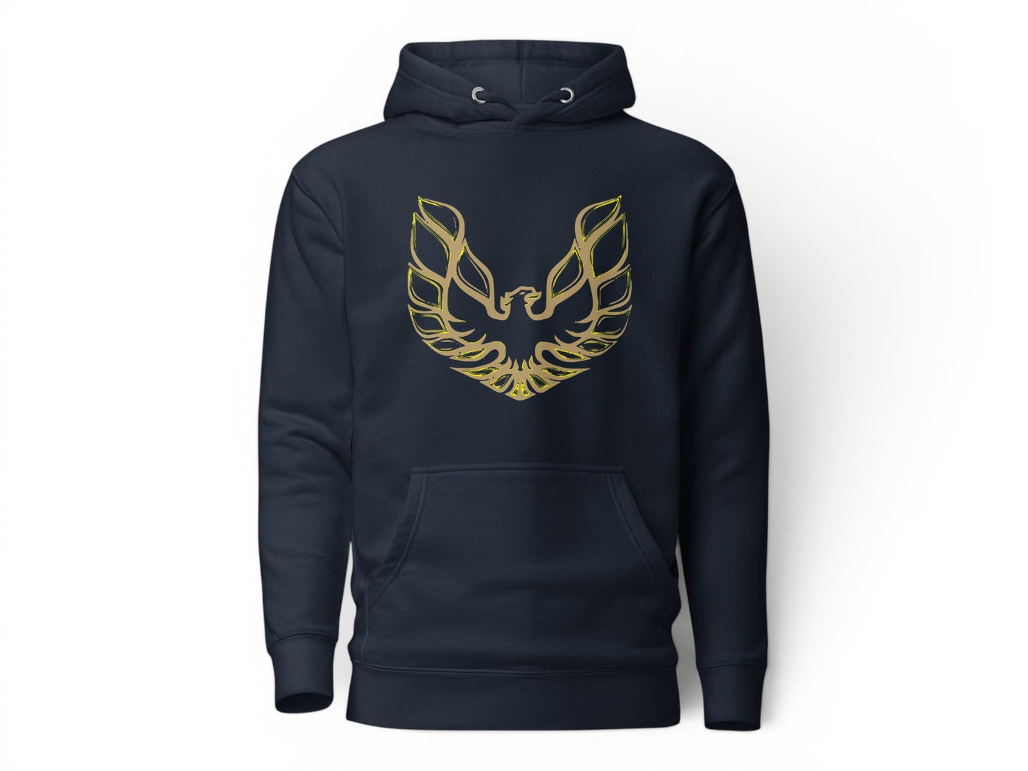 T-Top Vibes navy blue unisex hoodie featuring a gold Pontiac Trans Am eagle graphic on the chest with a front pocket.