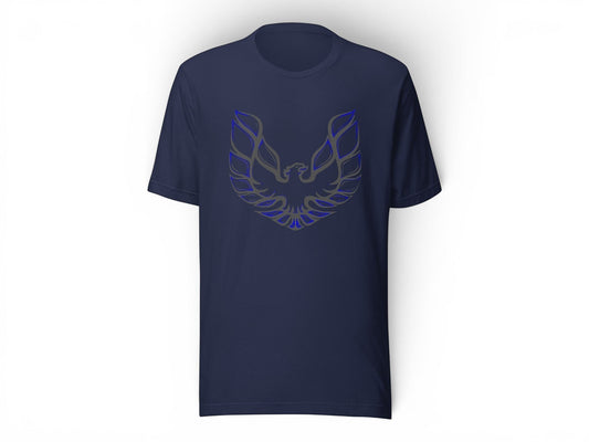 T-Top Vibes navy blue cotton t-shirt featuring a Pontiac Trans Am phoenix graphic on the chest.