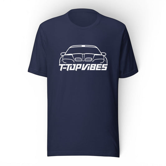 T-Top Vibes navy blue cotton t-shirt featuring a white line art graphic of a Pontiac Trans Am WS6 front end.