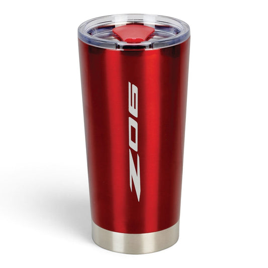 T-Top Vibes red 20 oz Corvette Z06 frost tumbler with a vertical logo and clear lid