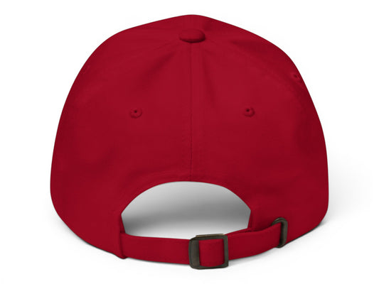 T-Top Vibes red chino cotton twill baseball cap with adjustable strap and antique buckle, rear view.