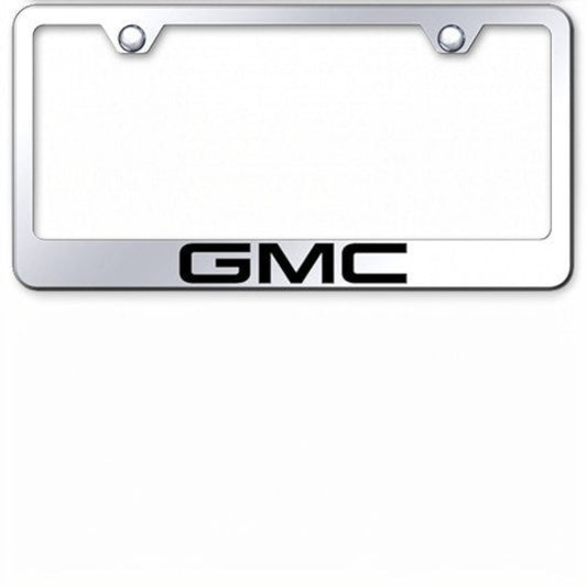 T-Top Vibes silver stainless steel GMC license plate frame with laser-etched logo for US vehicles