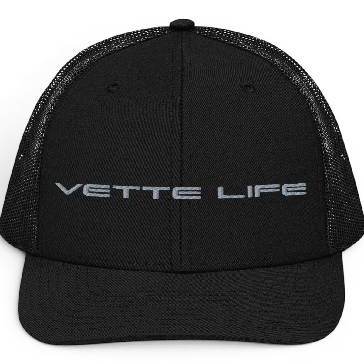 T-Top Vibes black trucker hat with Vette Life embroidered in grey on the structured front panel and mesh back