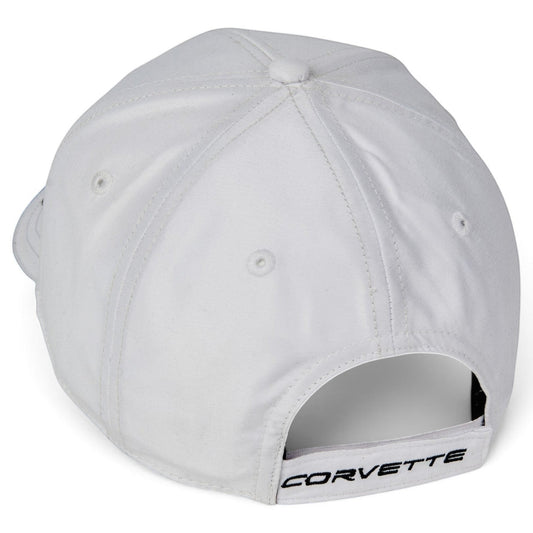 T-Top Vibes white Corvette C8 Z06 low-profile cap with adjustable hook-and-loop strap featuring Corvette branding