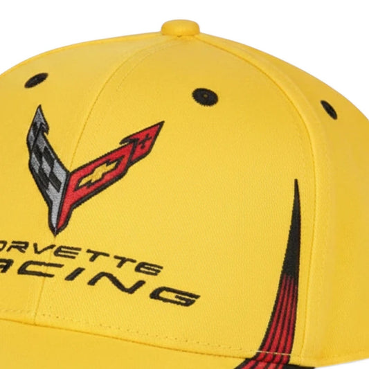 T-Top Vibes yellow Corvette C8 racing cap with embroidered logo and structured cotton construction