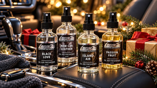 Lane's car air freshener scents displayed inside a vehicle with holiday gifts and Christmas decorations