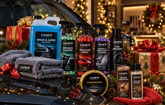 Lane's car detailing products arranged as holiday gifts with car wash, interior cleaning and car wax supplies